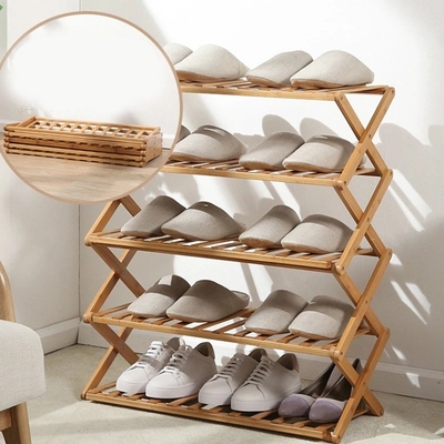 折り畳み式の木のタケ パネルの靴の棚の家具3層